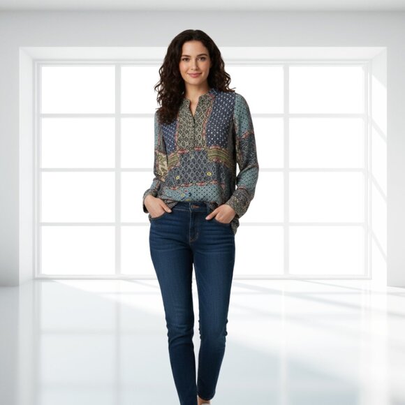 Johnny Was M Patchwork Silky Cupra Rayon Pullover Blouse Tunic Roll-Tab Sleeve - Picture 1 of 14